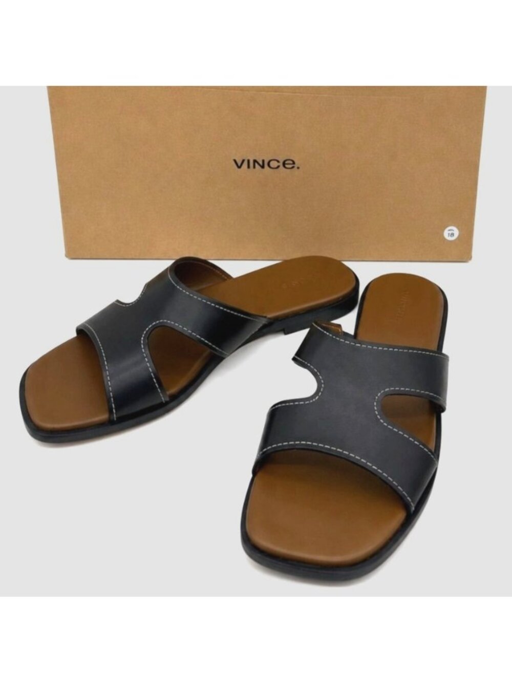 Vince Meyers Leather Slide Sandals Womens 7.5 Black Cutout Slip On Flat